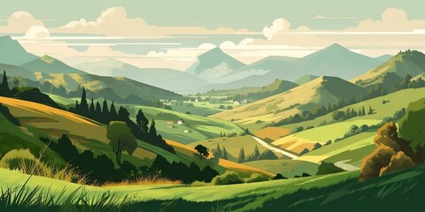 Wall Mural - Gorgeous Romanian countryside on a sunny spring afternoon, with rolling hills and rural scenery, Generative AI