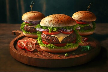 Poster - Burger set in restaurant on wooden tray, created with generative ai