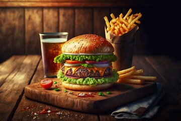 Sticker - Hot cheese meat burger and french fries in paper packaging standing on wooden table, created with generative ai