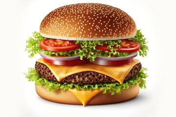 Canvas Print - Juicy craft hamburger with grilled cutlet burger on white isolated background, created with generative ai