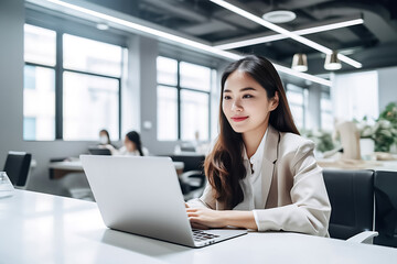 Wall Mural - Office Working Girl, Pretty and Cute Asian Smile is sitting in front of Laptop Computer in Office Environment Background created with generative AI.