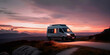 Glowing light from a camper van in a beautiful landscape at dusk. Generative ai
