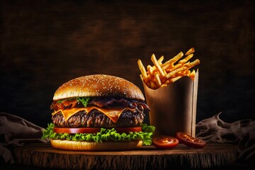 Sticker - Meat beef burger and french fries with tomatoes and tomato sauce on round board, created with generative ai