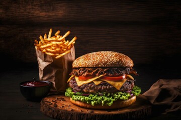 Canvas Print - Hearty appetizing appetizer of burger and french fries and tomatoes and lettuce leaves, created with generative ai