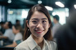 © Surachetsh - Office Working Girl, Pretty and Cute Asian Smile is Standing in front of Camera and Office Environment Background created with generative AI.
