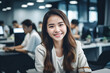Office Working Girl, Pretty and Cute Asian Smile is Standing in front of Camera and Office Environment Background created with generative AI.
