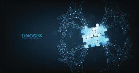 concept of teamwork and cooperation. strategy for success. jigsaw digital technology blue on dark bl