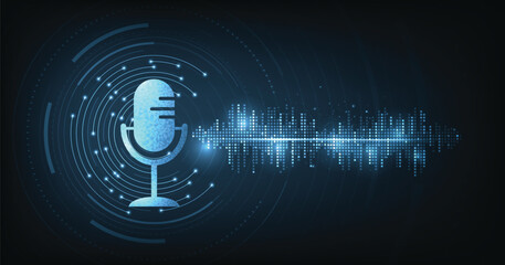 Illustration of Podcast icon with circle vector background. Podcast logo, Microphone icon on dark blue background.	