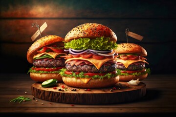 Canvas Print - Three delicious chicken burgers with meat and vegetables on wooden board, created with generative ai