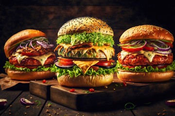 Wall Mural - Three delicious chicken burgers with meat and vegetables on wooden board, created with generative ai