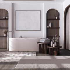 Wall Mural - Dark wooden bathroom in white and beige tones with parquet floor. Freestanding bathtub, carpets, coffee tables and curtains. Japandi farmhouse interior design