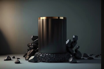 Wall Mural - Black cylinder with gold edging as object for exhibition 3d art podium-keytodesc, created with generative ai