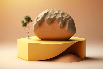 Sticker - Platform with uneven stone in form of 3d art podium-keytodesc installation in yellow shades, created with generative ai