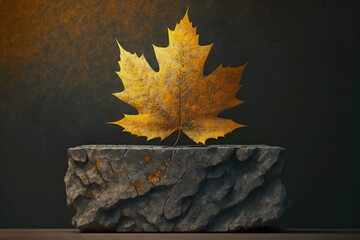 Sticker - Stone pedestal for exhibition 3d art podium-keytodesc with decoration in form of maple leaf, created with generative ai