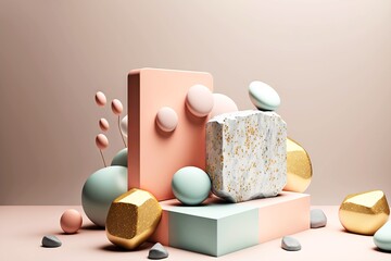 Sticker - Turquoise pink 3D art abstract with gypsum elements of different shapes and volumes, created with generative ai