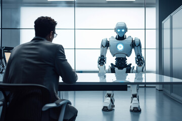 Wall Mural - ai artificial intelligence or humanoid robot talking to human consult and advise wisely project deve