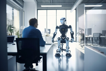 Wall Mural - ai artificial intelligence or humanoid robot talking to human consult and advise wisely project deve