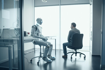Wall Mural - ai artificial intelligence or humanoid robot talking to human consult and advise wisely project deve