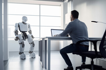 Wall Mural - ai artificial intelligence or humanoid robot talking to human consult and advise wisely project deve