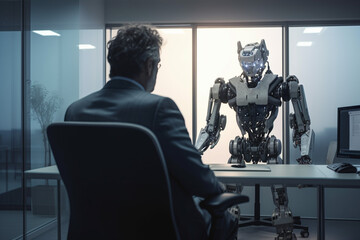 Wall Mural - ai artificial intelligence or humanoid robot talking to human consult and advise wisely project deve