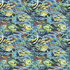 Wall Mural - Coral reefs with algae, waves of water, fish, sea sponges, bubbles. Watercolor illustration. Seamless pattern on a dark background from the collection of TROPICAL FISH. For fabric wallpaper textiles.
