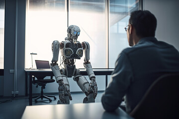 Wall Mural - ai artificial intelligence or humanoid robot talking to human consult and advise wisely project deve