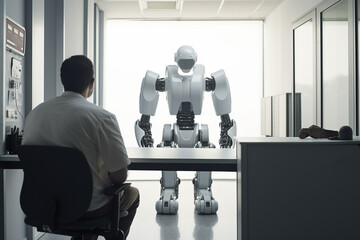 Wall Mural - ai artificial intelligence or humanoid robot talking to human consult and advise wisely project deve