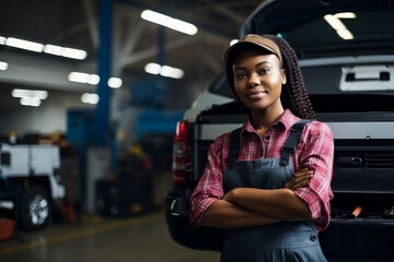 Portrait of a female mechanic working in a repair garage. Generative ai