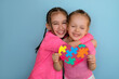 A cute beautiful girl hugs her sister with autism syndrome holding a heart-shaped card. Caring, love and support of loved ones. Autism spectrum disease