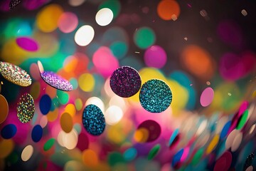 Wall Mural - Colorful confetti in front of colorful background with Bokeh. Generative AI