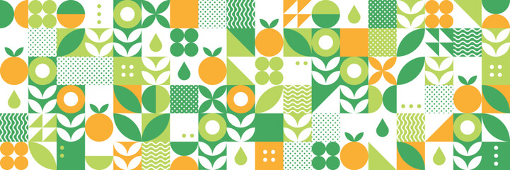 Modern geometric background. Abstract nature: flowers, leaves and fruits. Set of icons in flat minimalist style. Bauhaus. Seamless pattern. Vector botanical illustration. 