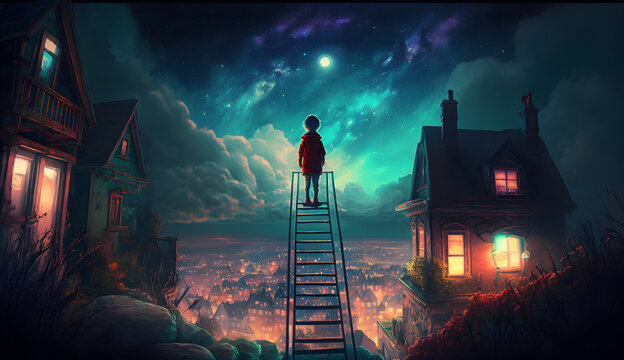 a kid on top of a ladder looking at the magical town going to sleep, vivid, night, colorful lighting