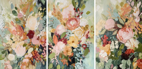 Set of three oil painting in boho style, garden flowers bouquet in pastel colors, semi abstract, generative AI