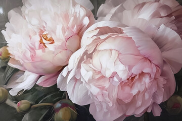 Poster - Beautiful peony flowers as floral background, oil painting, close-up view, generative ai