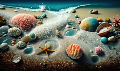 Wall Mural -  a sandy beach covered in lots of different types of sea shells and starfish on top of sand next to the ocean waves and foamy water.  generative ai