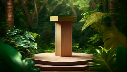  Wooden podium in tropical forest for product presentation Ai generated image