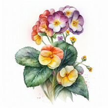 Watercolor Primrose Illustration On White Background. Flower Art, Invitation Backdrop. Ai Generated