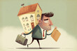 © ADDICTIVE STOCK - Cartoon sad man with suitcase and house on back