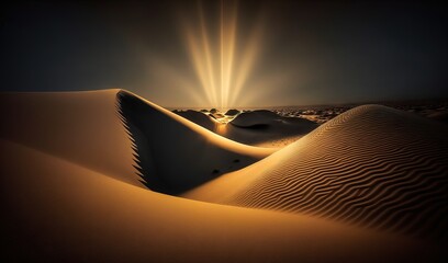 Poster -  the sun shines brightly over a desert landscape with sand dunes in the foreground and a dark sky in the background, with the sun shining through the horizon.  generative ai