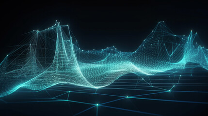 サイバー空間のビッグデータの流れ抽象背景、ブロックチェーンネットワークデータフィールド、ラインストリーム、AI技術、デジタルコミュニケーション、音楽の波模様のような科学研究の概念、3Dイラスト、generated AI, AI画像