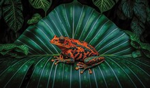  A Red And Black Frog Sitting On Top Of A Green Leaf Covered In Green Leaves And Leaves Behind It Is A Large Green Leaf With Green Leaves Behind It.  Generative Ai