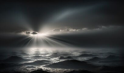 Wall Mural - a black and white photo of the sun shining through clouds over the ocean with waves in the foregroun