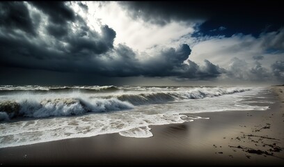 Sticker -  a beach with waves crashing on the sand and a cloudy sky above it and a beach with footprints in the sand and a beach with waves coming in the sand.  generative ai