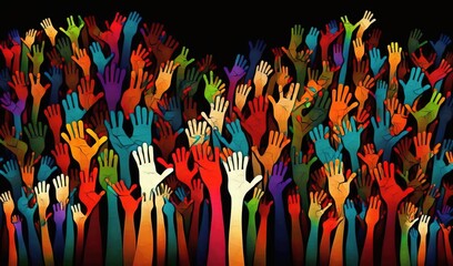 Wall Mural -  a group of people with their hands up in the air, with a black background and a black background with a multicolored image of hands up in the air.  generative ai