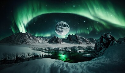 Poster -  a green and black photo of the aurora over a snowy mountain range with a lake and a full moon in the sky with stars in the sky.  generative ai