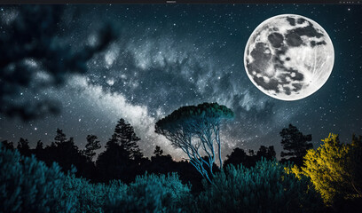 Sticker -  a night sky with a full moon in the distance and trees in the foreground.  generative ai