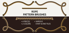 Set Of 4 Vector Rope Pattern Brushes. 2 Colors And 2 Different Styles Of Ends. Thin Rope. Warm Natural Colors. Vintage Detailed Style.