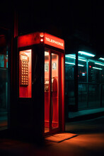 Exterior Of Old Red Telephone Box At Night City. Generative AI