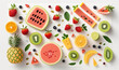  a variety of fruit cut into pieces on a white surface.  generative ai