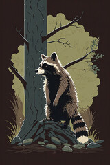 Wall Mural - Raccoon - Minimalist flat design animal illustration. Image for a wallpaper, background, postcard or poster. Generative AI